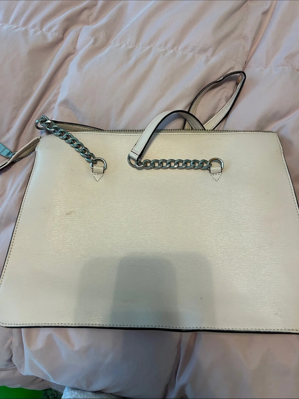 DKNY Cream Leather Tote with Chain-Trim Handles
